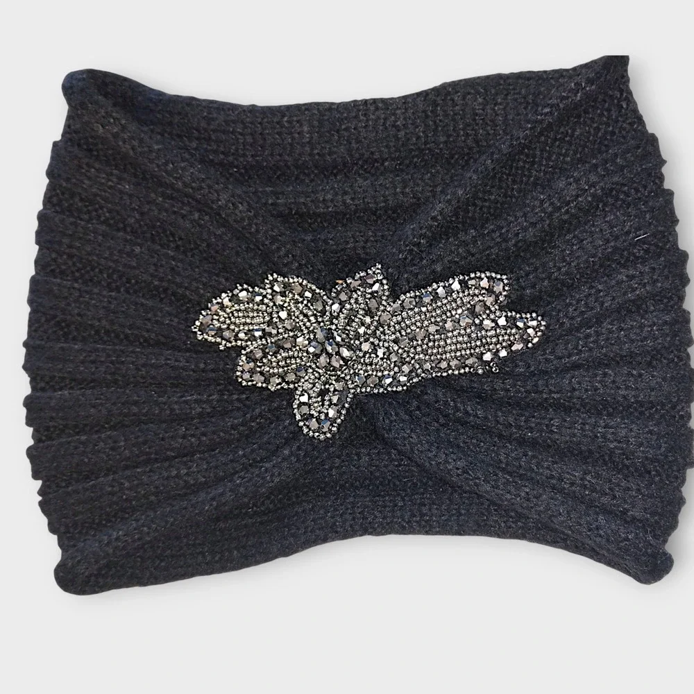 C.C.‎ EXCLUSIVES 20s Style Black Knit Turban Jeweled Embellished Headband Womens